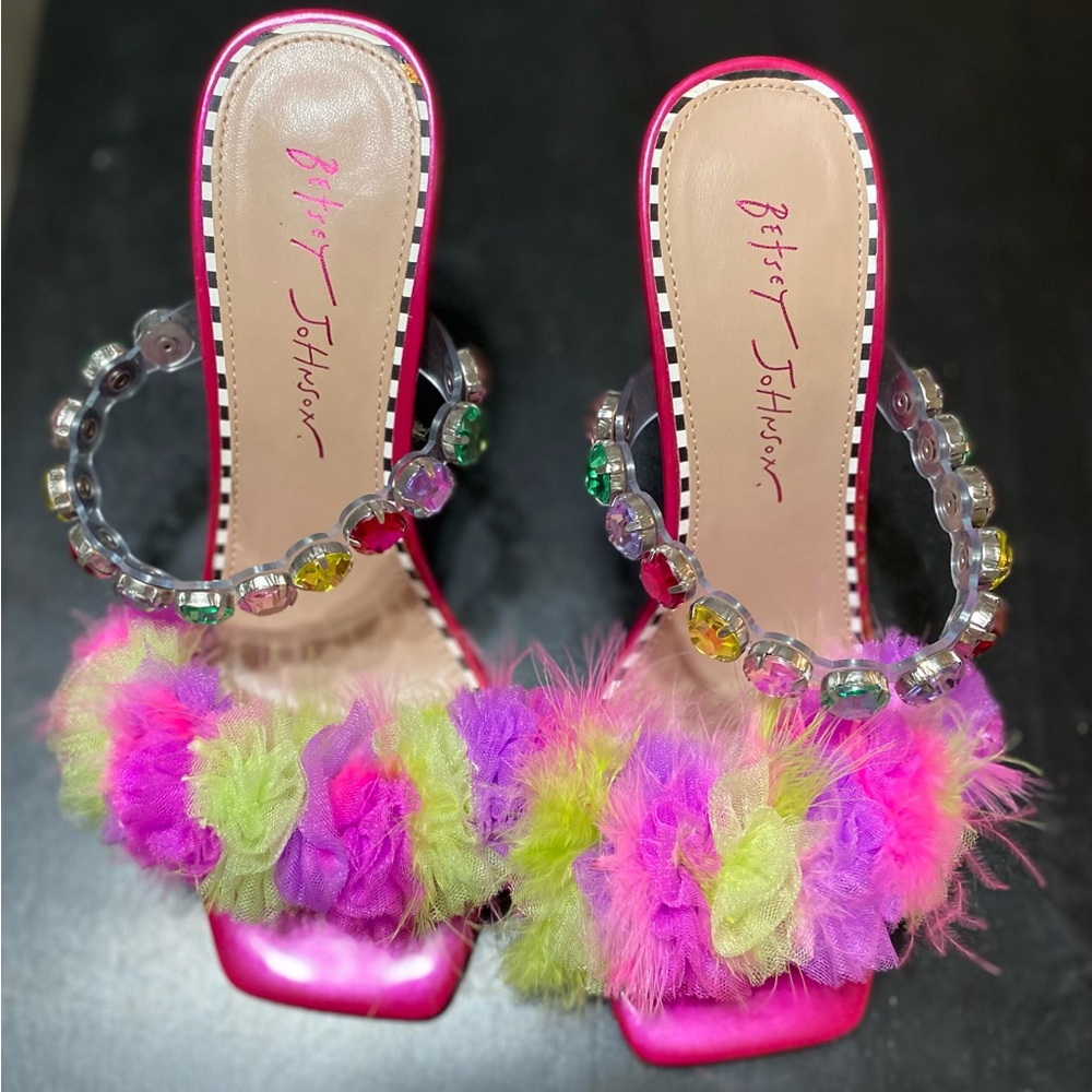 Betsey Johnson Pink and Green Fur Heels